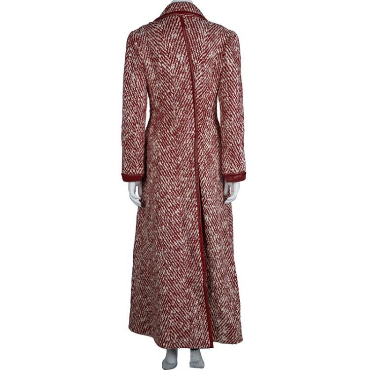 Pre Owned Chanel Red and White Buckle Detail Long Wool Overcoat M