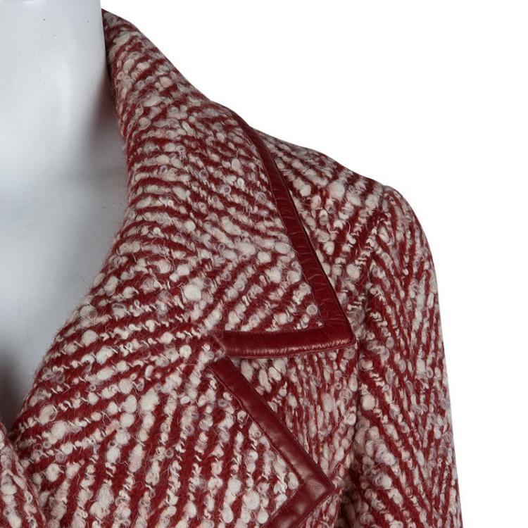 Pre Owned Chanel Red and White Buckle Detail Long Wool Overcoat M