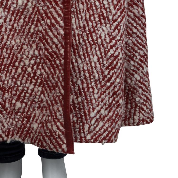 Pre Owned Chanel Red and White Buckle Detail Long Wool Overcoat M