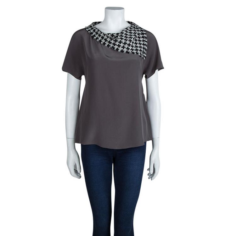 Pre Owned Chanel Grey Silk Houndstooth Collar Detail Short Sleeve Blouse M