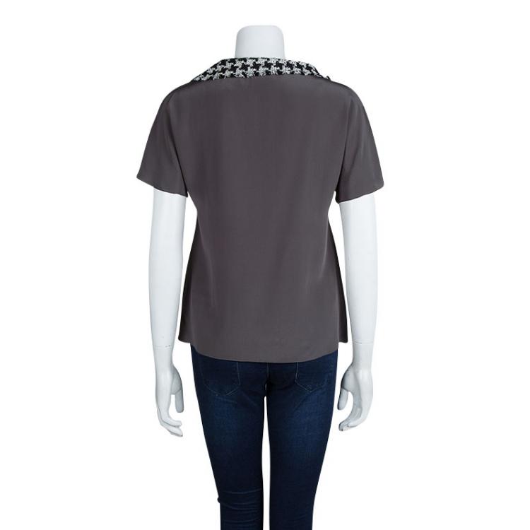Pre Owned Chanel Grey Silk Houndstooth Collar Detail Short Sleeve Blouse M