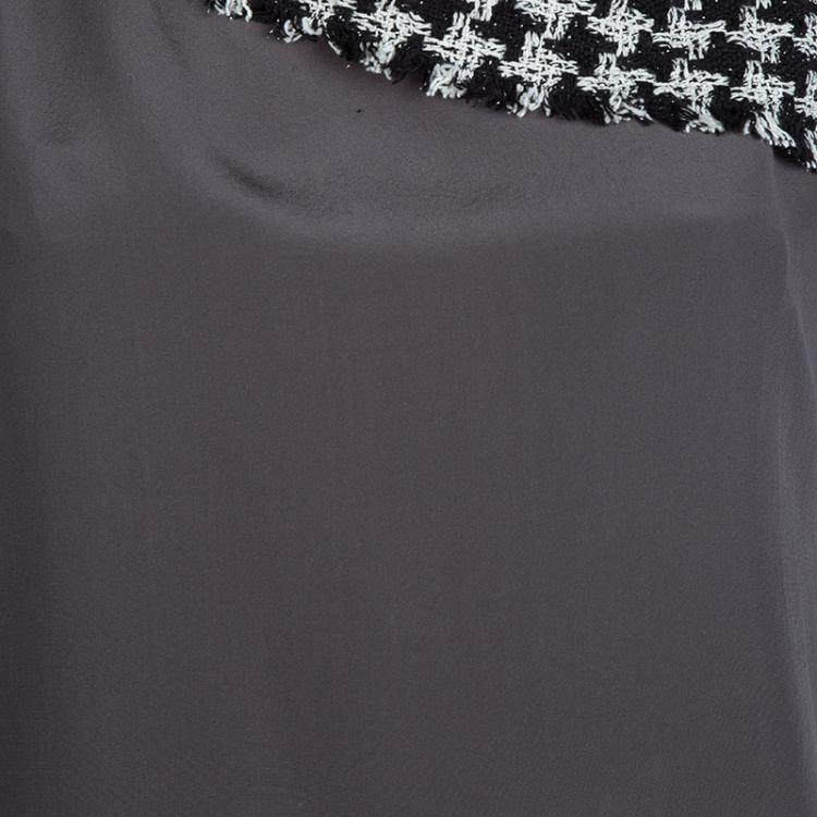Pre Owned Chanel Grey Silk Houndstooth Collar Detail Short Sleeve Blouse M
