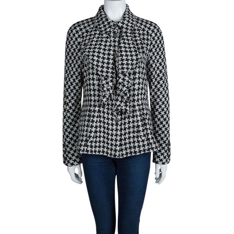 Chanel Womens Vintage Houndstooth Jacket Tweed Gray 1876971