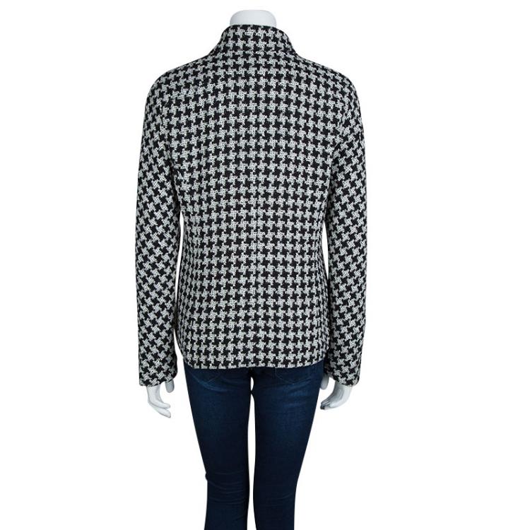 Pre Owned Chanel Monochrome Houndstooth Ruffle Detail Textured Jacket L