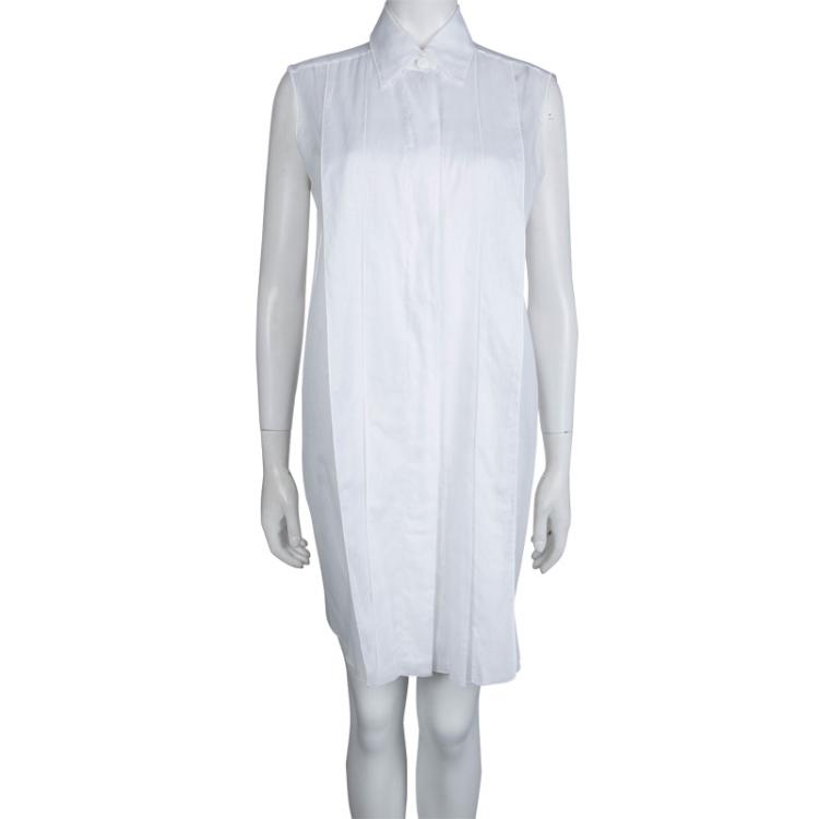 Chanel White Cotton Sleeveless Pleat Detail Shirt Dress M Chanel