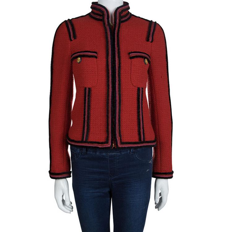 Pre Owned Chanel Red Contrast Trim Wool Jacket S