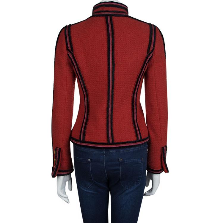 Pre Owned Chanel Red Contrast Trim Wool Jacket S