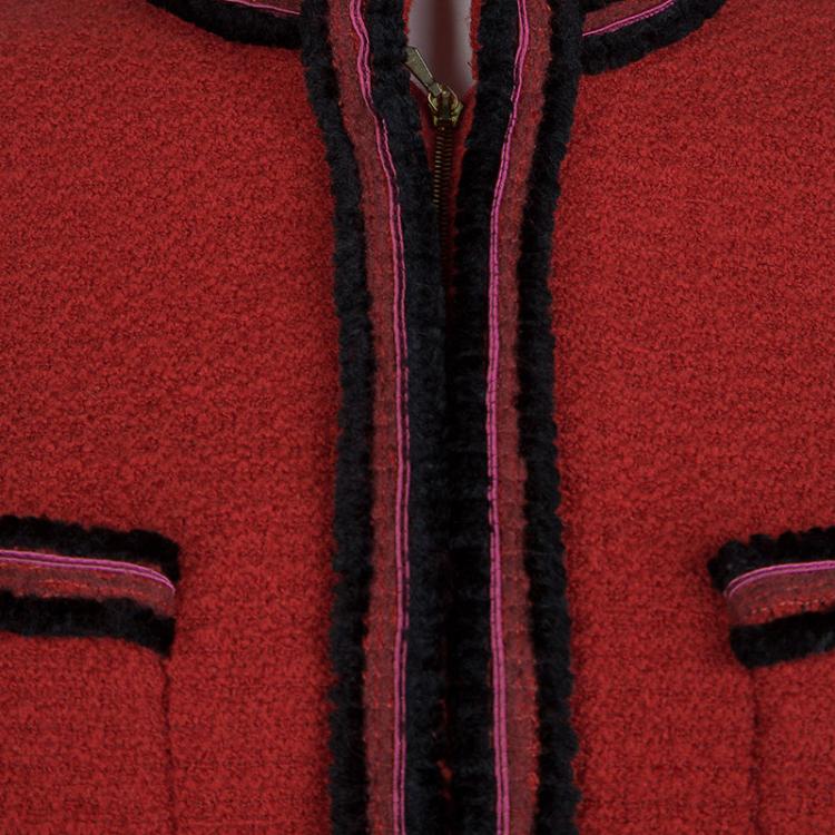 Pre Owned Chanel Red Contrast Trim Wool Jacket S