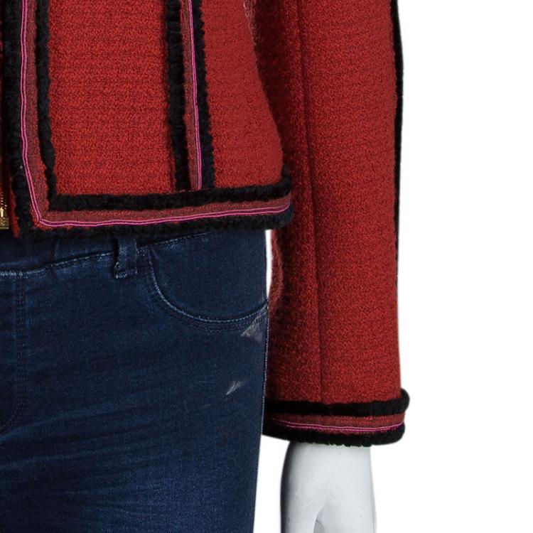 Pre Owned Chanel Red Contrast Trim Wool Jacket S