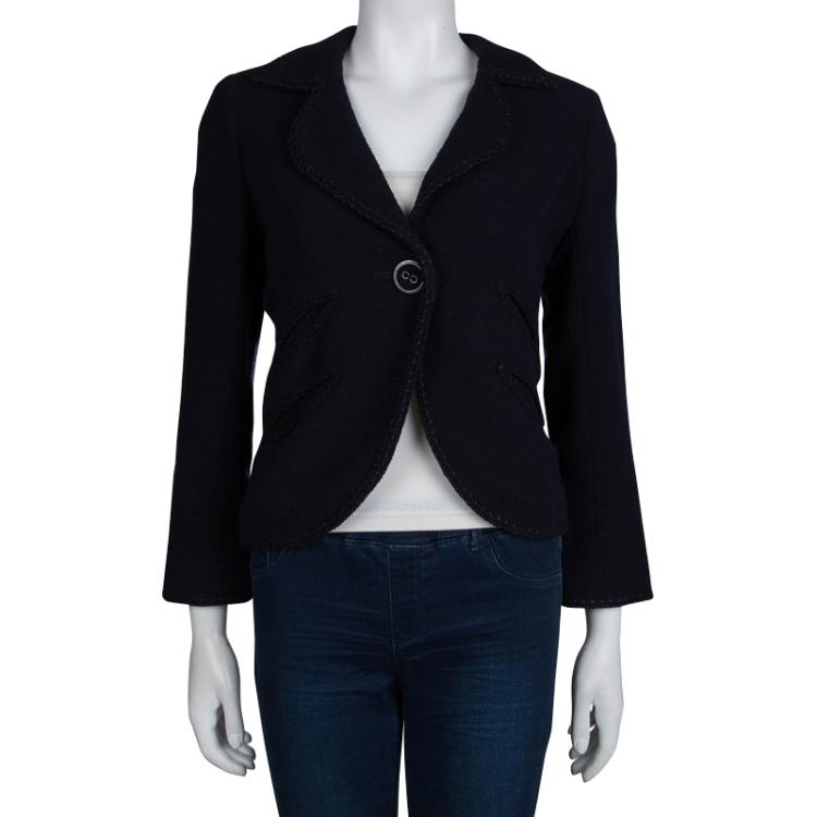 Pre Owned Chanel Navy Blue Textured Wool Jacket S