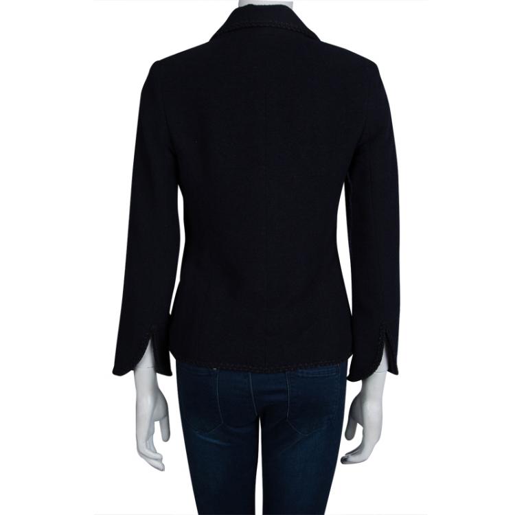 Pre Owned Chanel Navy Blue Textured Wool Jacket S