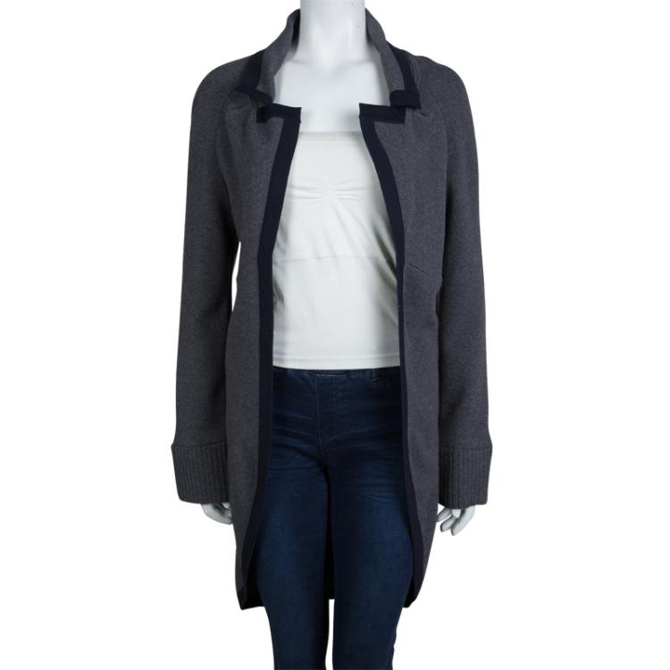 Pre Owned Chanel Grey Wool Notched Collar Long Cardigan M