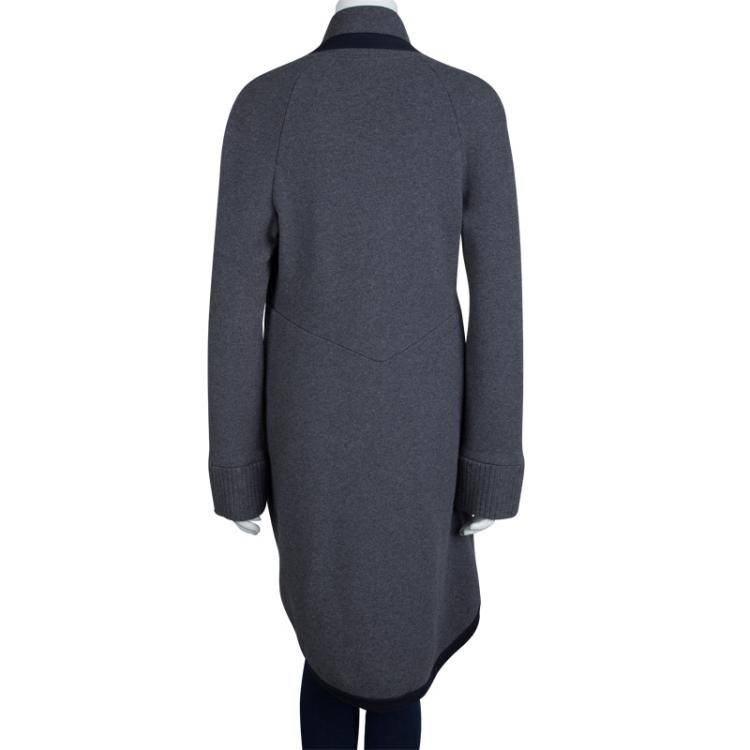 Pre Owned Chanel Grey Wool Notched Collar Long Cardigan M
