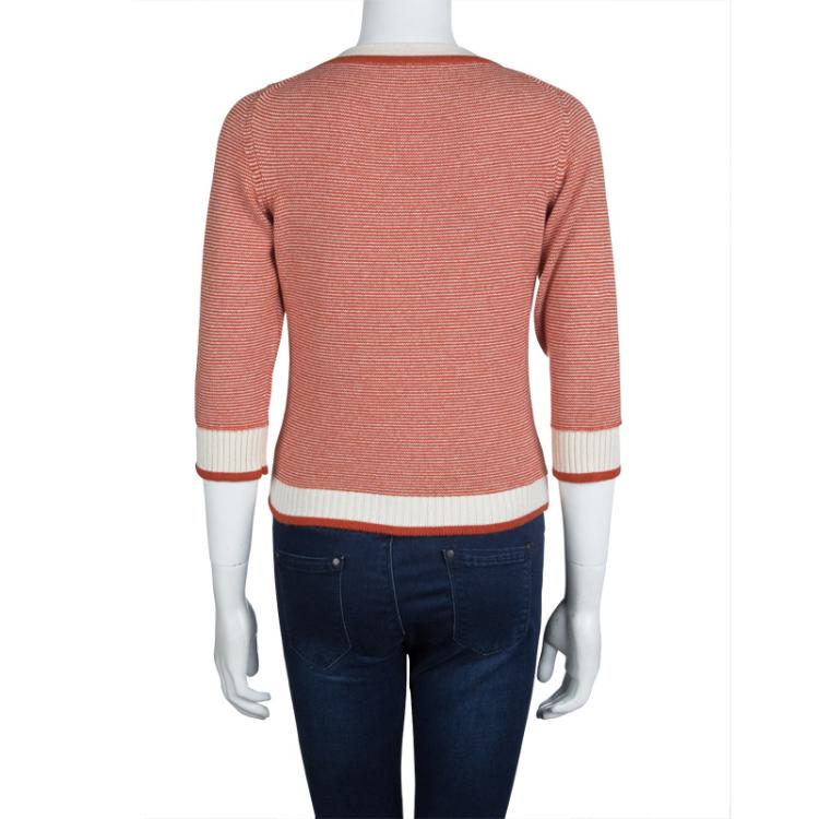 Pre Owned Chanel Orange and Cream Button Front Cashmere Cardigan S