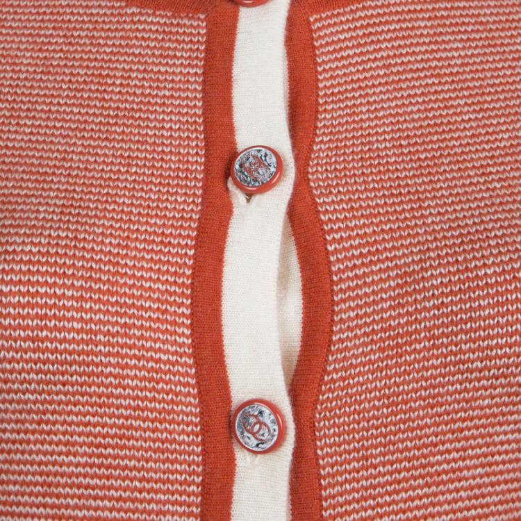 Pre Owned Chanel Orange and Cream Button Front Cashmere Cardigan S
