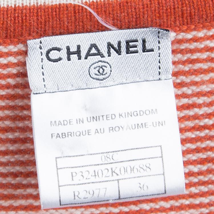 Pre Owned Chanel Orange and Cream Button Front Cashmere Cardigan S