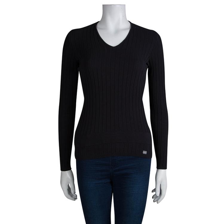 Pre Owned Chanel Black Cotton Ribbed Knit Sweater S
