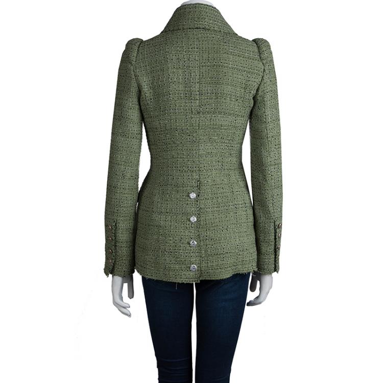 Pre Owned Chanel Olive Green Textured Tweed Jacket S
