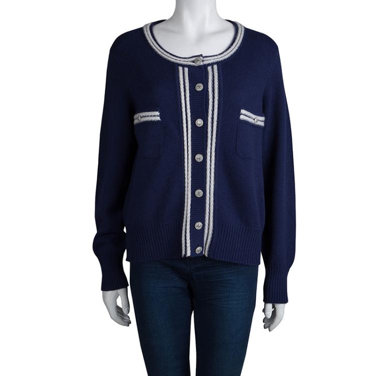 Chanel Navy Blue Cashmere Button Front Cardigan XL Chanel