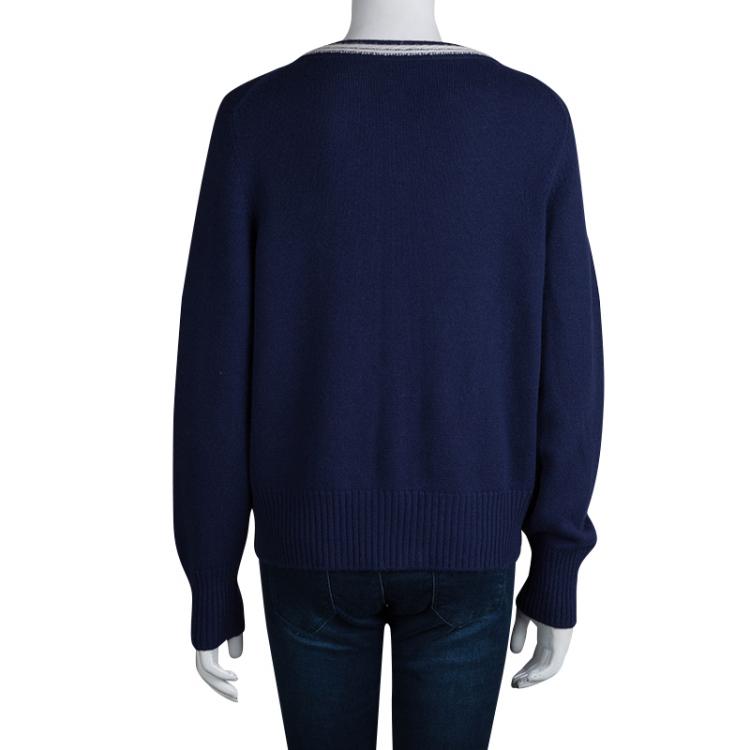Pre Owned Chanel Navy Blue Cashmere Button Front Cardigan XL