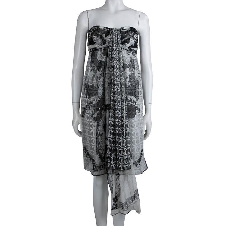 Pre Owned Chanel Monochrome Print Silk Chiffon Halter Dress M