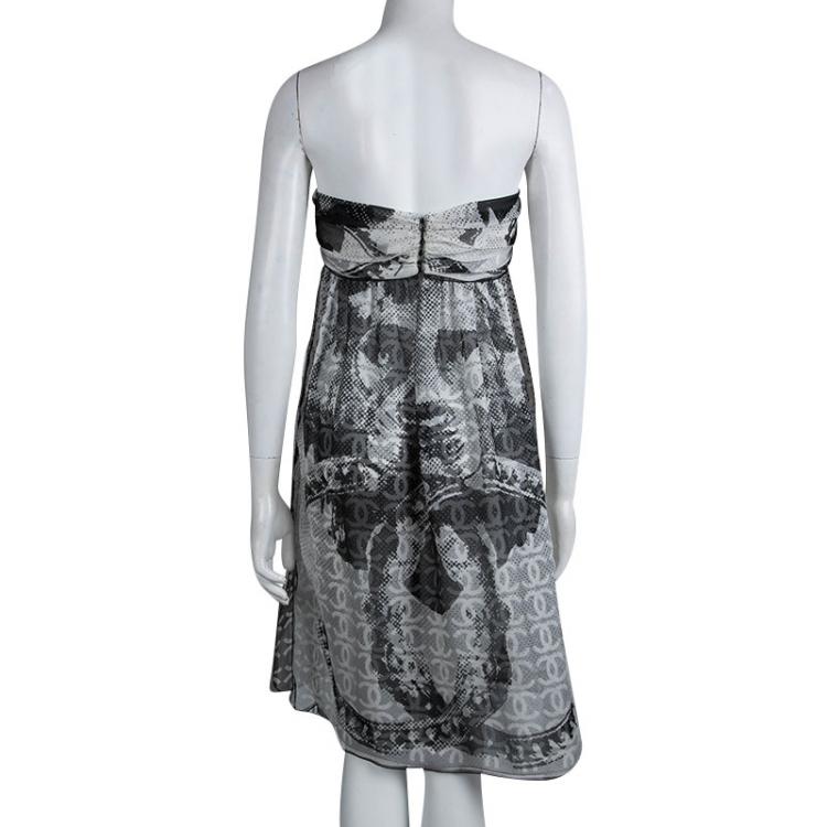 Pre Owned Chanel Monochrome Print Silk Chiffon Halter Dress M