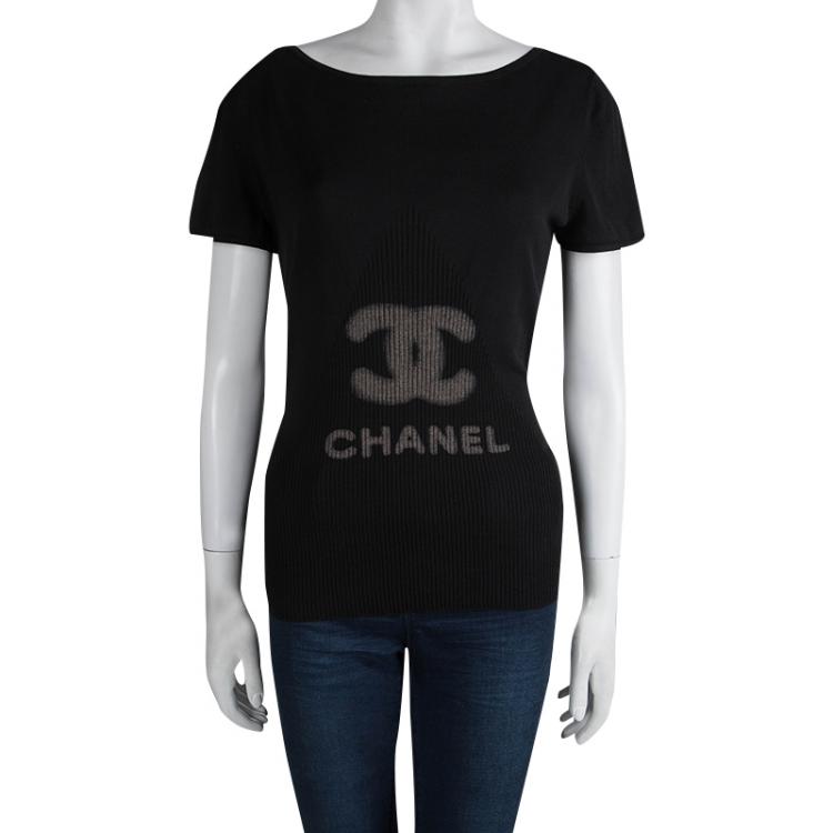 Pre Owned Chanel Black Rib Knit Logo Print Top L