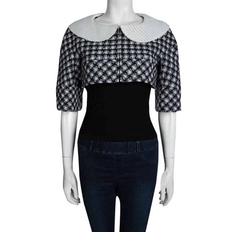 مملوكة مسبقًا Chanel Navy Blue and White Textured Bolero Jacket S