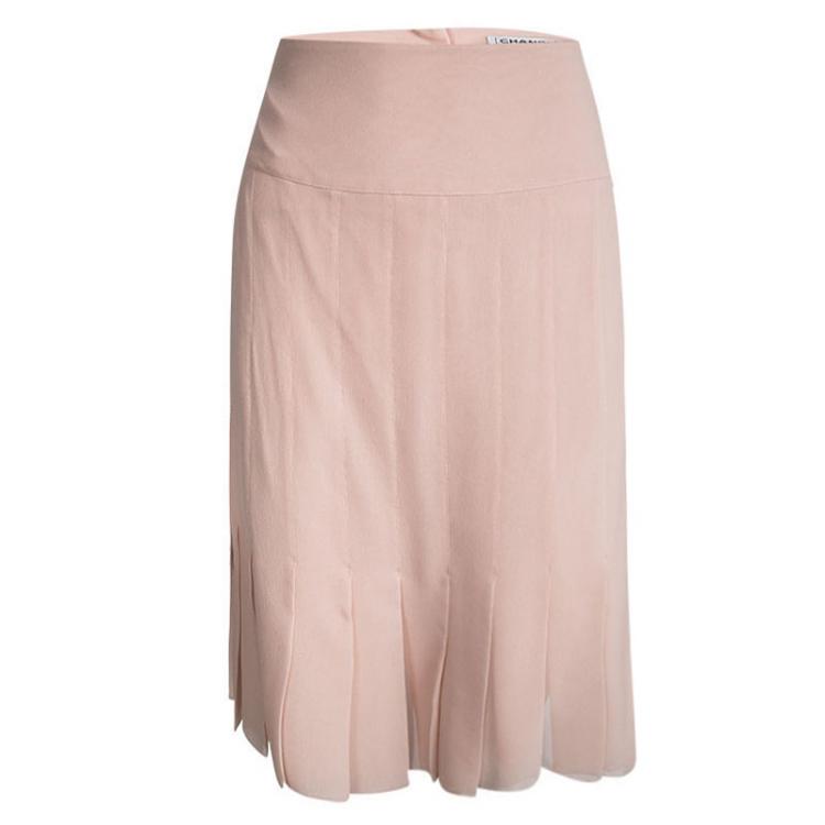 Pre Owned Chanel Pink Pleated Silk Skirt and Halter Top Set M