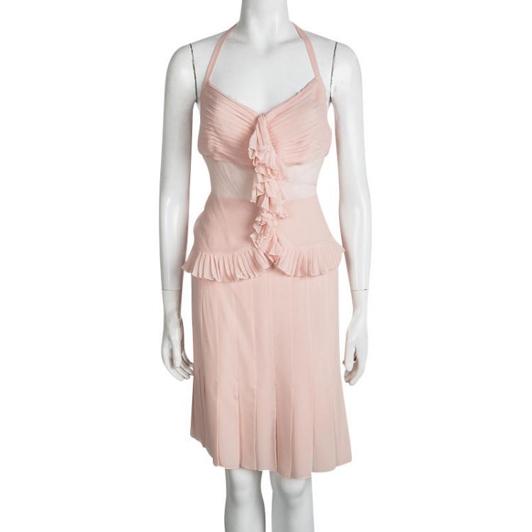 Pre Owned Chanel Pink Pleated Silk Skirt and Halter Top Set M