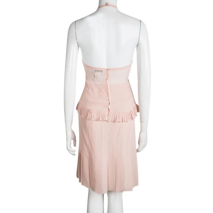 Pre Owned Chanel Pink Pleated Silk Skirt and Halter Top Set M