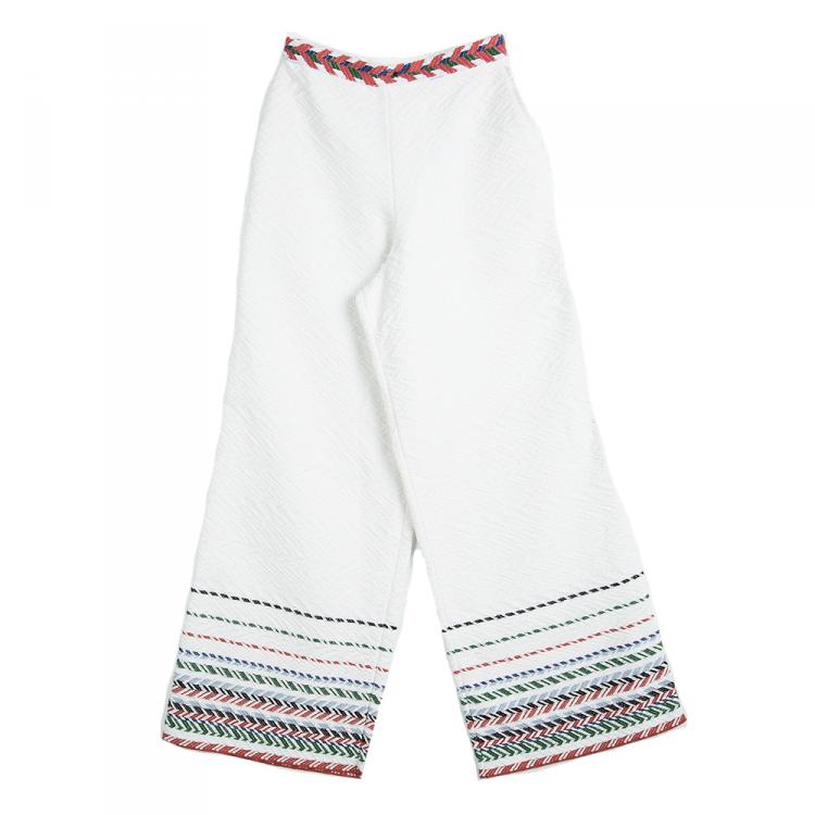 Pre Owned Chanel Off White Cotton Chevron Embroidered Wide Leg Pants M