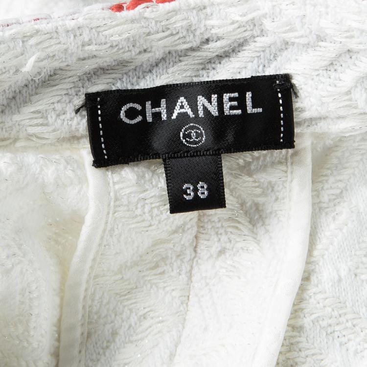 Pre Owned Chanel Off White Cotton Chevron Embroidered Wide Leg Pants M