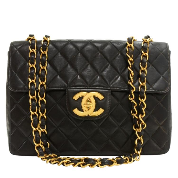 Pre Owned Chanel Black Quilted Lambskin Jumbo Classic Flap Bag