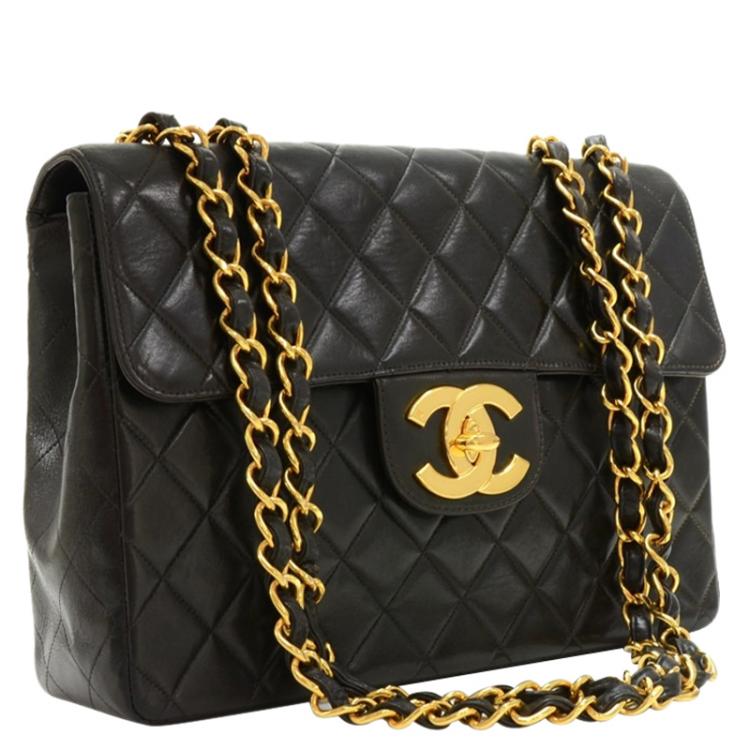 Pre Owned Chanel Black Quilted Lambskin Jumbo Classic Flap Bag