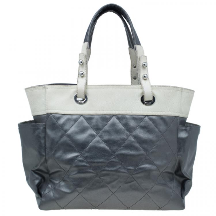 Pre Owned Chanel Metallic Grey Coated Canvas Large Quilted Paris Biarritz  Tote