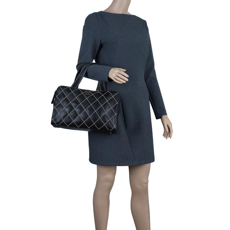 Pre Owned Chanel Black Leather Wild Stitch Bowling Bag