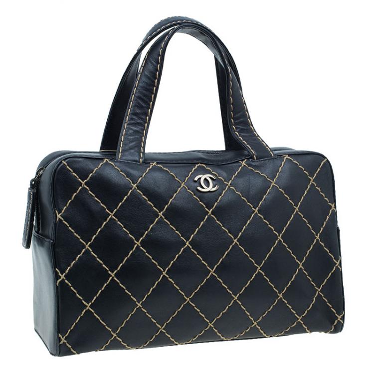 Pre Owned Chanel Black Leather Wild Stitch Bowling Bag