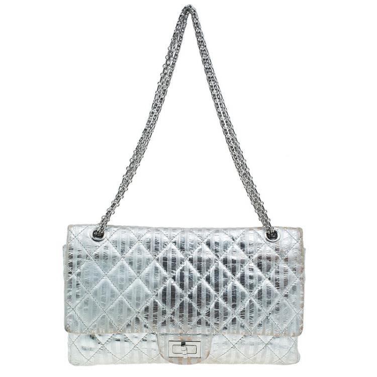 Chanel 2.55 Quilted Classic Calfskin Leather 226 Flap Bag in Silver Metallic  Striped — UFO No More