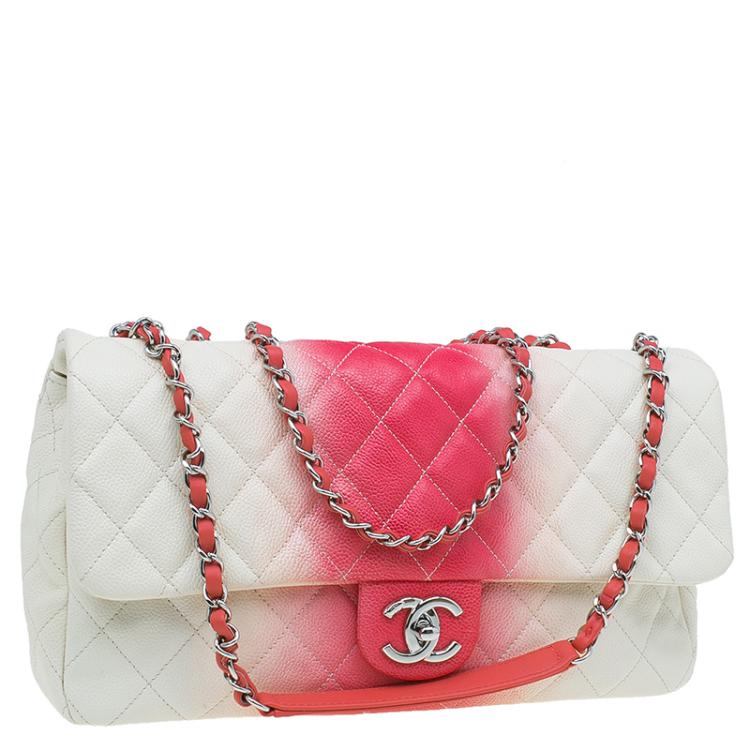 Pre Owned Chanel White/Red Quilted Caviar Leather Jumbo Ombre Single Flap Bag