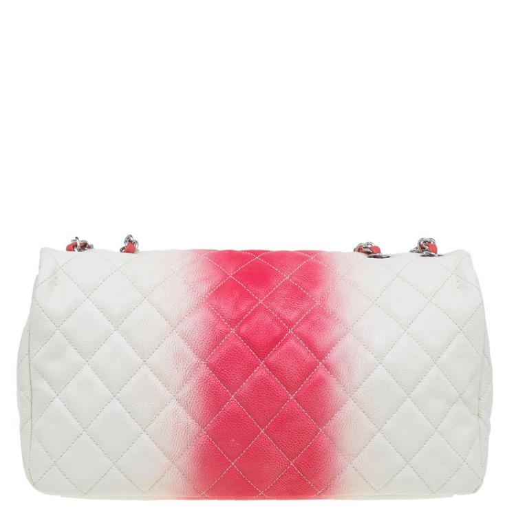Pre Owned Chanel White/Red Quilted Caviar Leather Jumbo Ombre Single Flap Bag