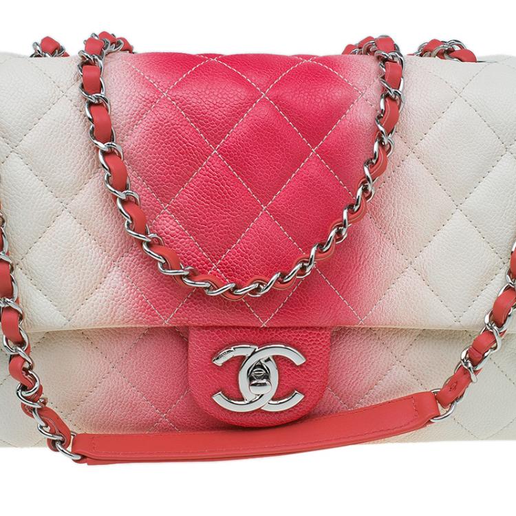 Pre Owned Chanel White/Red Quilted Caviar Leather Jumbo Ombre Single Flap Bag