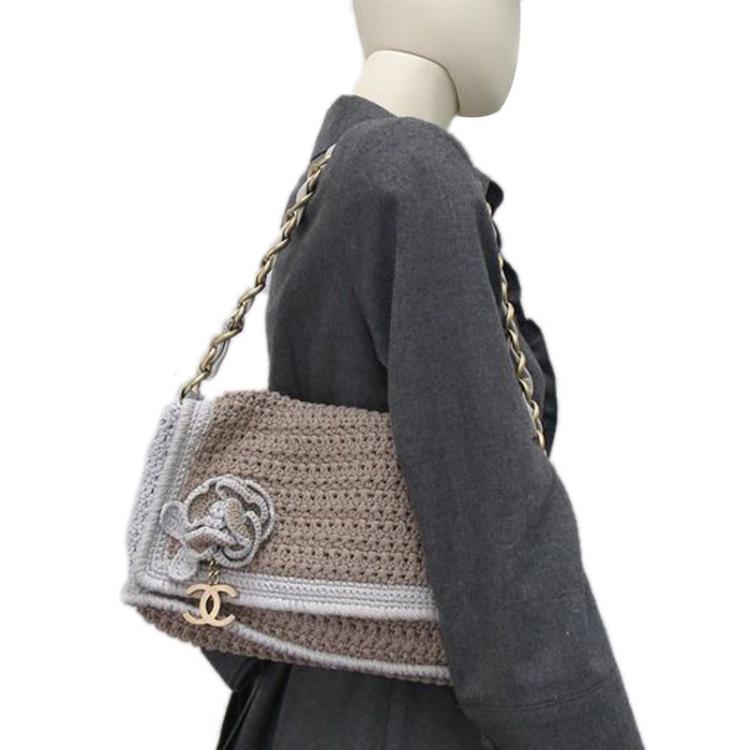 Chanel Brown and White Camellia Wool Knitted Shoulder Bag Chanel