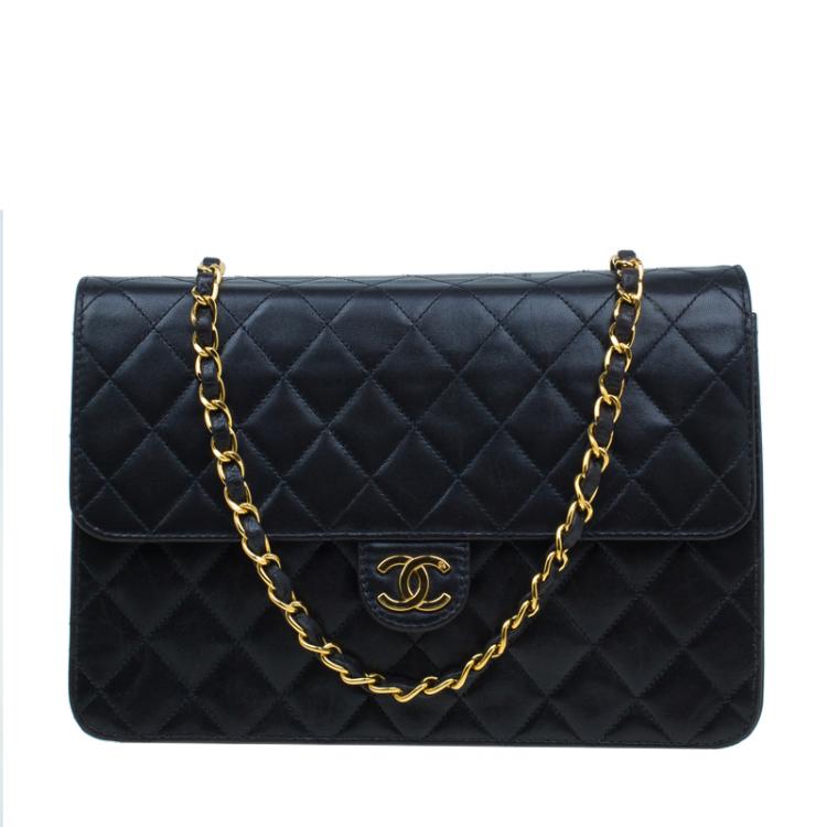Pre Owned Chanel Black Lambskin Single Flap Shoulder Bag