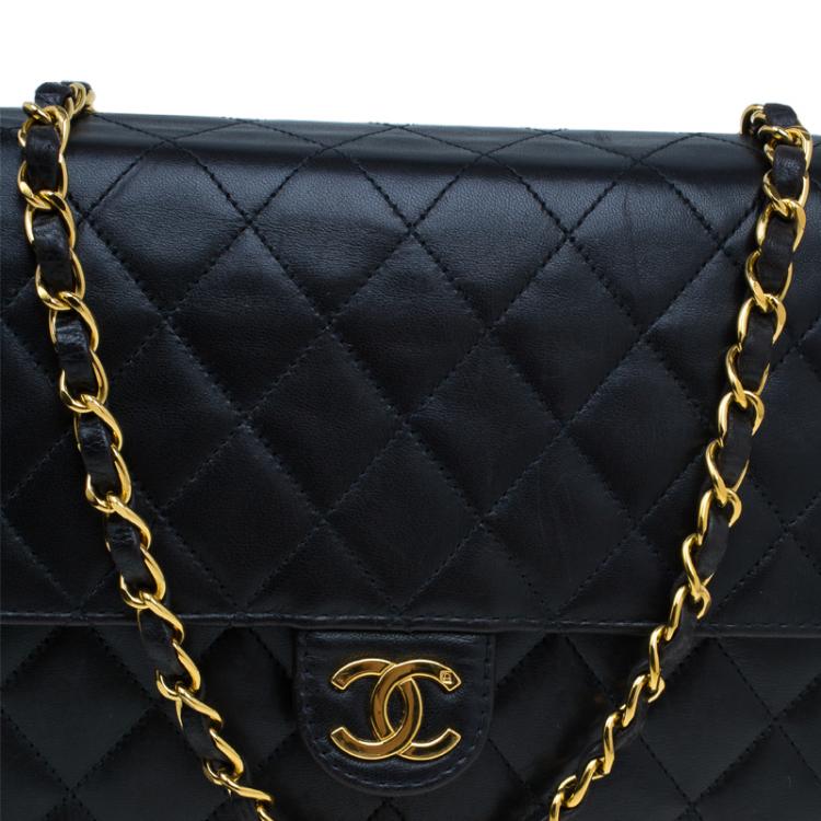 Pre Owned Chanel Black Lambskin Single Flap Shoulder Bag