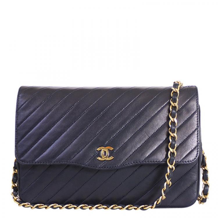 Vintage Chanel CC Flap Bag Quilted Navy Blue Lambskin