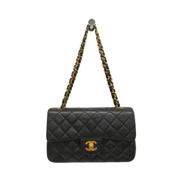 Pre Owned Chanel Black Quilted Lambskin Leather Medium Classic Single Flap Shoulder Bag
