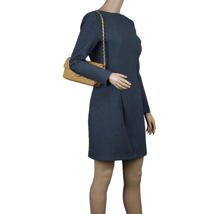 Pre Owned Chanel Beige Quilted Lambskin East West Flap Bag