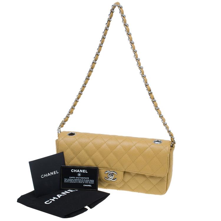 Pre Owned Chanel Beige Quilted Lambskin East West Flap Bag