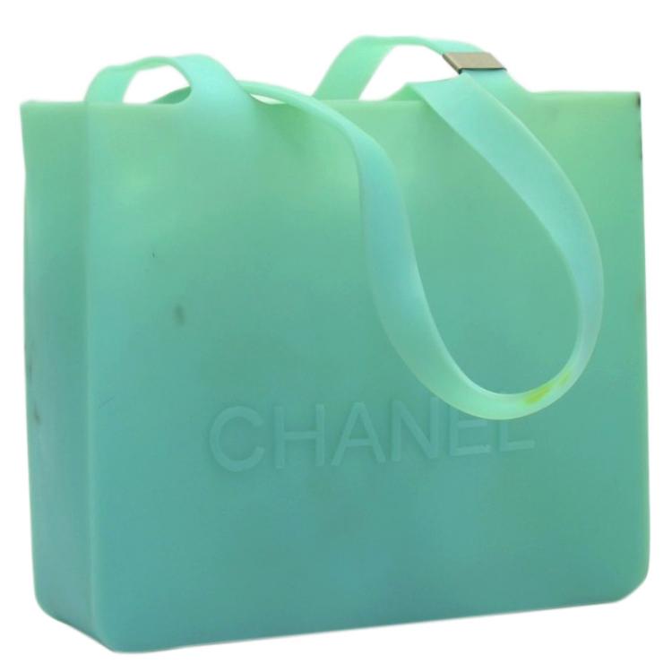 Pre Owned Chanel Turquoise Rubber Shopper Tote